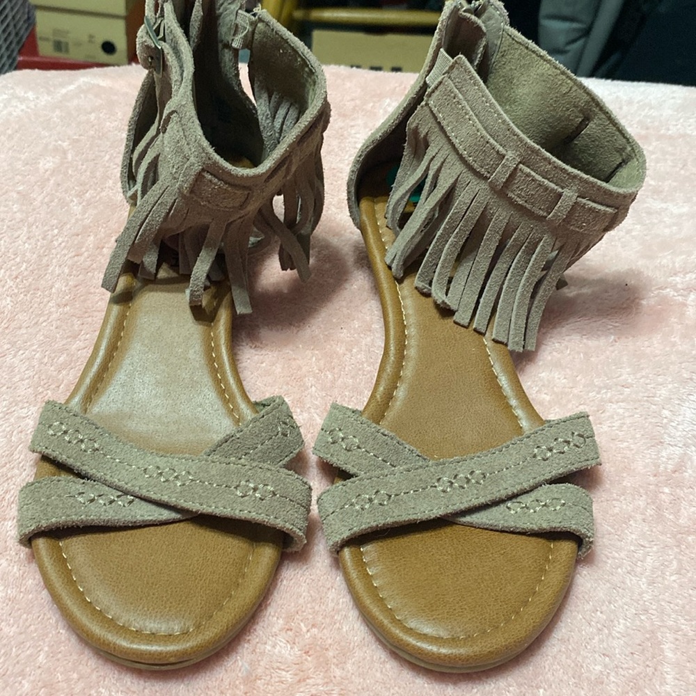 Beige, Suede, Ankle Fringe Sandals